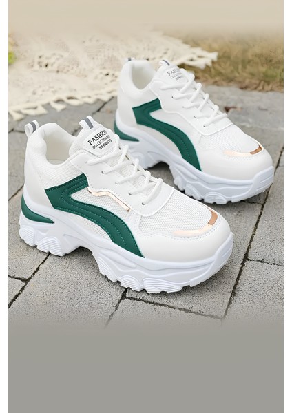 Beyaz Kalın Taban Kadın Spor Ayakkabı – Yeşil ve Gold Detaylı Nefes Alabilen Sneaker fiyatları