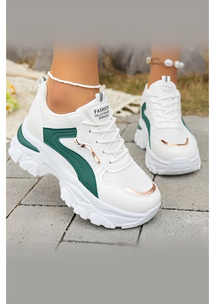 Beyaz Kalın Taban Kadın Spor Ayakkabı – Yeşil ve Gold Detaylı Nefes Alabilen Sneaker modelleri