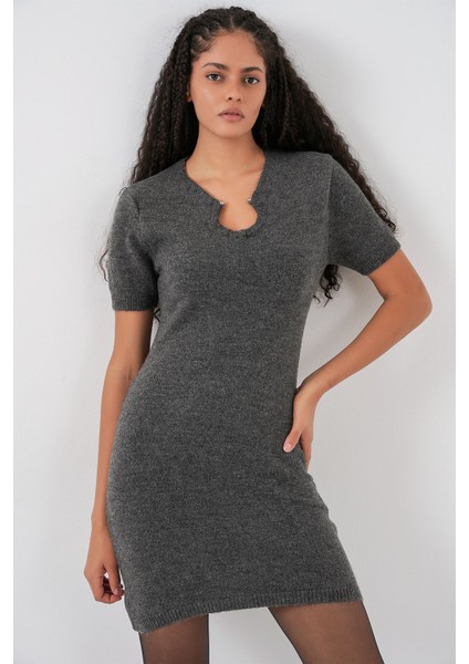 Kadın Bdart Aksesuar Detaylı Bodycon Mini Triko Elbise Kömür Grisi