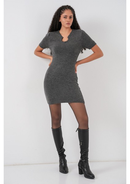 Kadın Bdart Aksesuar Detaylı Bodycon Mini Triko Elbise Kömür Grisi fiyatları
