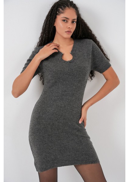 Kadın Bdart Aksesuar Detaylı Bodycon Mini Triko Elbise Kömür Grisi modelleri