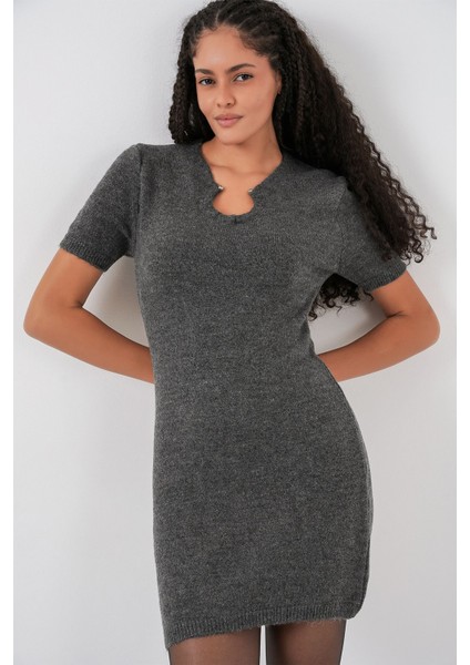 Kadın Bdart Aksesuar Detaylı Bodycon Mini Triko Elbise Kömür Grisi fırsatları