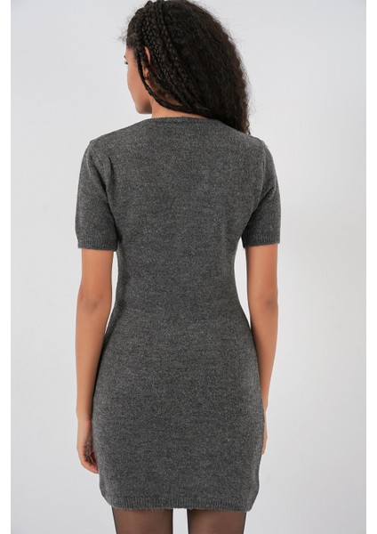 Kadın Bdart Aksesuar Detaylı Bodycon Mini Triko Elbise Kömür Grisi