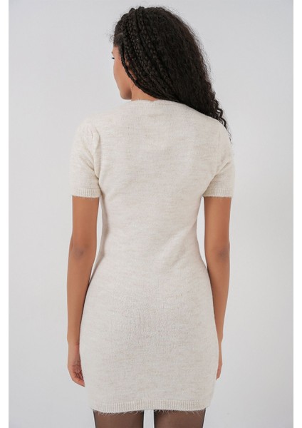 Kadın Bdart Aksesuar Detaylı Bodycon Mini Triko Elbise Fildişi Doğal
