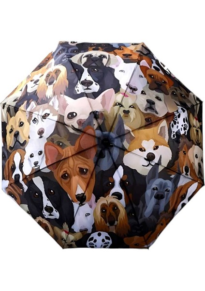 Renkli Köpek Desenli Katlanabilir Rüzgar Dayanıklı 8 Telli Manuel Şemsiye
