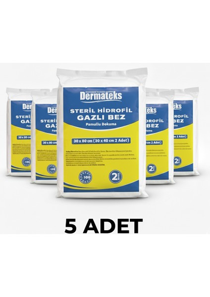 Steril Hidrofil Gazlı Bez 30X80CM (2 Adet 30X40CM) Emici Spanc - 5 Adet