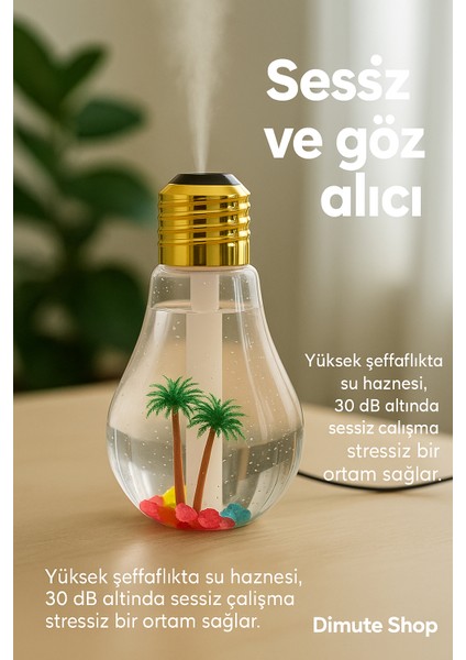 Ampul Şeklinde LED Işıklı Hava Nemlendirici – Buhar Makinesi, Oda Nemlendirici, Gece Lambası