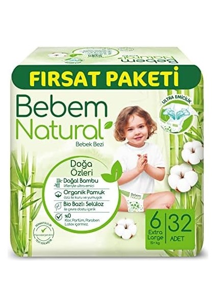 Bebem Natural 6 Beden Xlarge Fırsat Paketi Bebek Bezi (1 x 32 Adet)