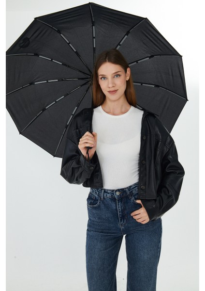 12 Telli Tam Otomatik Premium Şemsiye, Siyah, Hafif ve Dayanıklı, Şık Tasarım