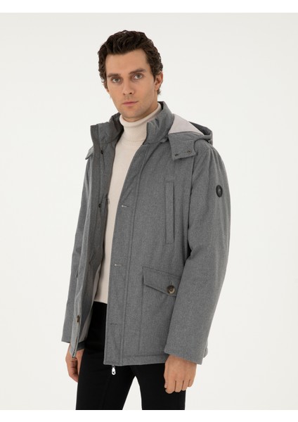 Erkek Gri Melanj Kapüşonlu Kaz Tüyü Mont 50292378-VR086