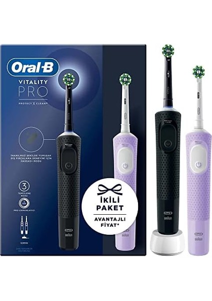 Oral-B Şarjlı/elektrikli Diş Fırçası Vitality Pro 2&apos;li Siyah ve Lila Avantaj Paketi