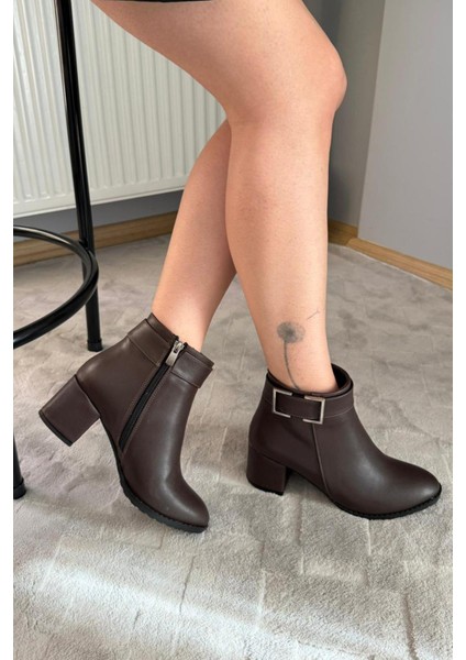 Kadın Trend Kahverengi Kare Tokalı ( 6 cm ) Topuklu Oval Burun Bot fırsatları