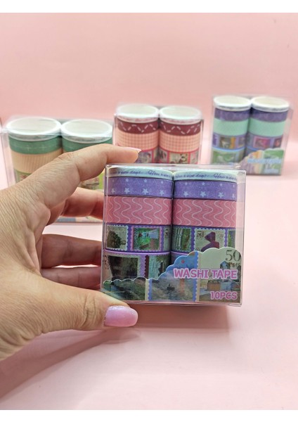 Vintage Washi Tape Bant Baskılı Yapışkanlı Maskeleme Kağıdı Desenli Bant 10'lu - Mor Pul Mektup