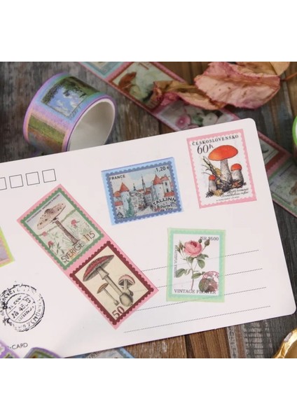 Vintage Washi Tape Bant Baskılı Yapışkanlı Maskeleme Kağıdı Desenli Bant 10'lu - Mor Pul Mektup modelleri