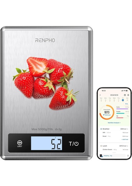 Akıllı Gıda Mutfak Terazisi, Beslenme Hesaplayıcılı Gıda Ağırlık Ölçeği, Gıda Ölçeği Gram ve Kilo Kaybı, Kalori, Makro ve Pişirme Için Ons, Paslanmaz Çelik