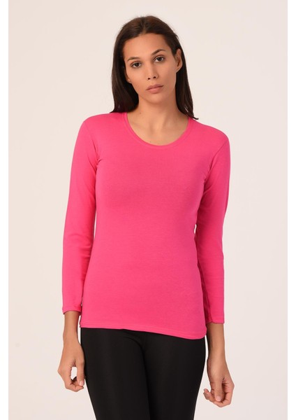 Yuvarlak Yaka Uzun Kollu Pamuklu Fuşya Body