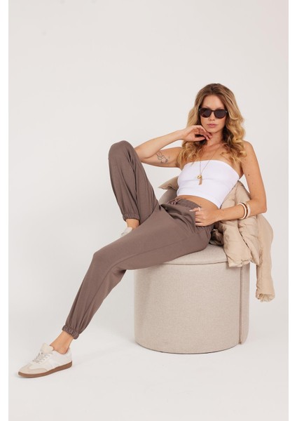 Kadın Relax Fit Rahat Kesim Modal Kumaş Beli Bağlamalı Lastikli Jogger Açık Kahve Pantolon indirimleri