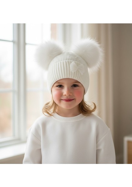 Çift Ponponlu Inci Detaylı Kız Çocuk Örgü Bere