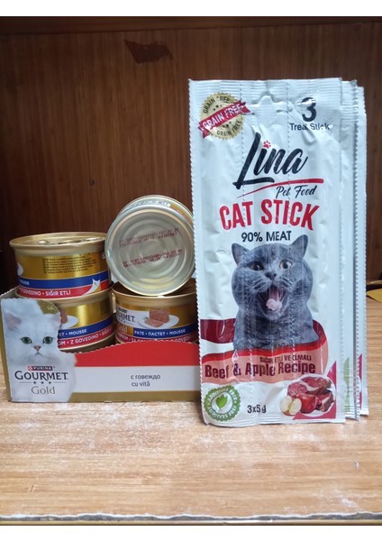 Gourmet Gold Kıyılmış Kedi Konserve 85 gr 5 Adet+2 Paket(6 Adet) Sığır-Elmalı Tahılsız Ödül Stick