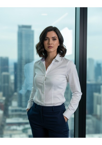 Kadın Uzun Kollu Kolay Ütü Pamuk Saten Regular Ekose Detaylı Yüks