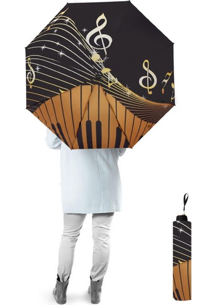 Rüzgar Dayanıklı Müzik Desenli Yarasa Şemsiye, 8 Telli, Siyah