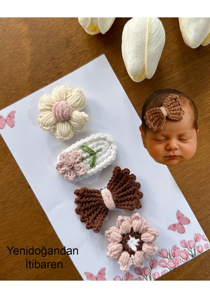 Yenidoğan Bebek Tokası El Emeği Karma 4'lü Set Saçsız Kahve Bebek Toka Seti