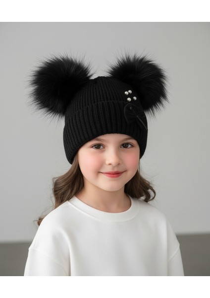 Çift Ponponlu Inci Detaylı Kız Çocuk Örgü Bere