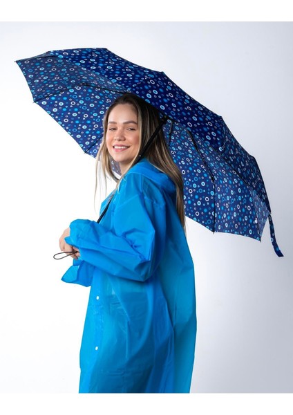 Mavi Boncuk Desenli Otomatik Şemsiye, Rüzgara Dayanıklı, Kadın Modeli