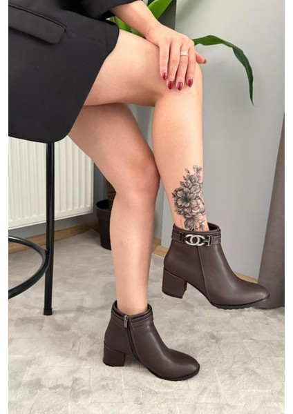 Kadın Hana Kahverengi Taşlı Tokalı ( 6 cm ) Topuklu Oval Burun Bot modelleri