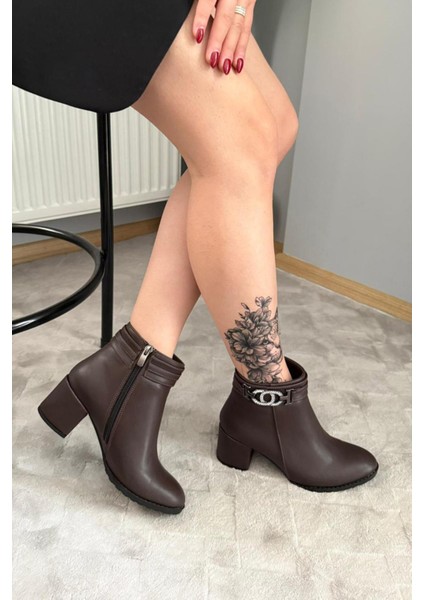 Kadın Hana Kahverengi Taşlı Tokalı ( 6 cm ) Topuklu Oval Burun Bot fırsatları