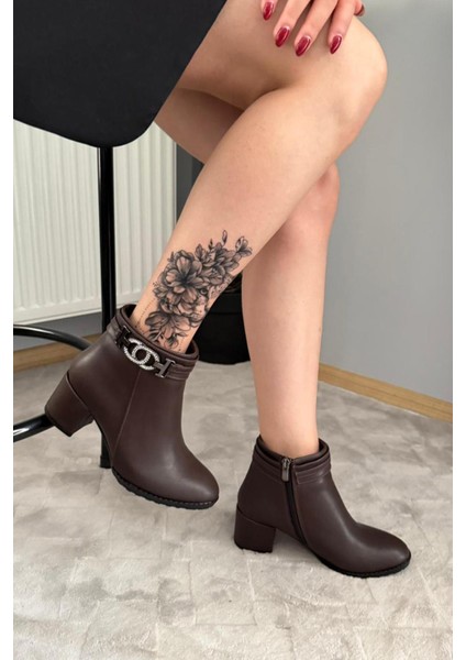 Kadın Hana Kahverengi Taşlı Tokalı ( 6 cm ) Topuklu Oval Burun Bot indirimleri