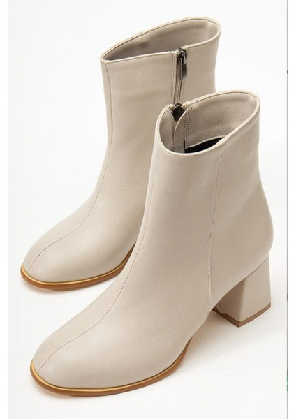 Kadın Marta Bej Cilt Kalın Topuklu Yumurta Burun Fermuarlı Bot