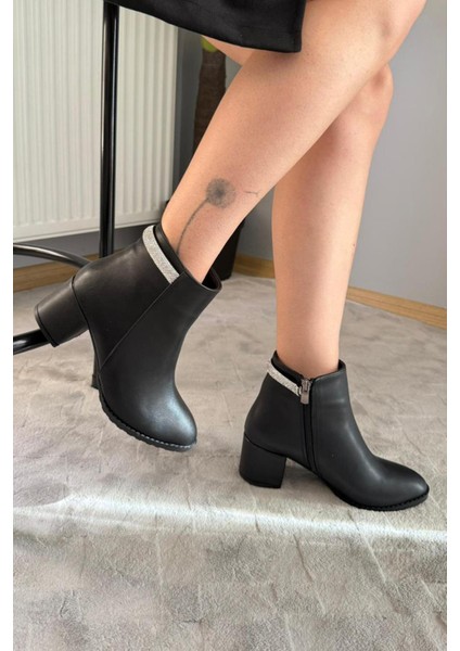 Kadın Trend Siyah Arkadan Taşlı ( 6 cm ) Topuklu Oval Burun Bot fiyatları