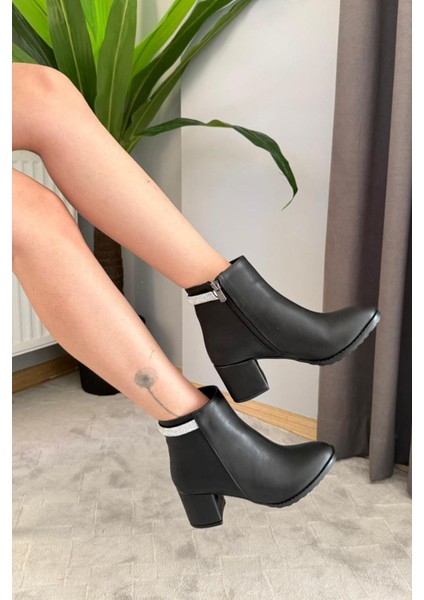 Kadın Trend Siyah Arkadan Taşlı ( 6 cm ) Topuklu Oval Burun Bot fırsatları