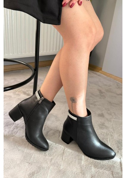 Kadın Trend Siyah Arkadan Taşlı ( 6 cm ) Topuklu Oval Burun Bot indirimleri