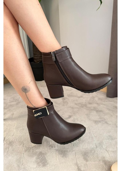 Kadın Mabel Kahverengi Tokalı ( 6 cm ) Topuklu Oval Burun Bot fırsatları