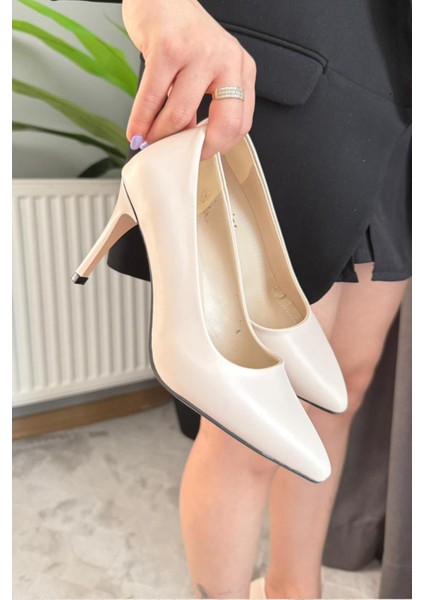 Kadın Mira Bej Deri 9 cm Ince Yüksek Topuklu Stiletto Ayakkabı