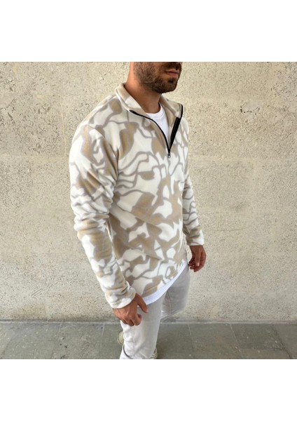 Erkek Yarım Fermuarlı Desenli Polar Sweat Yakalı, Uzun Kollu, Oversize Rahat Kalıp - Bej fırsatları