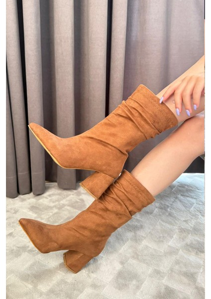 Kadın Nomire Taba Süet Büzgülü Sivri Burun Kalın Topuklu Bot fırsatları