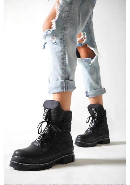 Kadın Fasion Siyah Paraşüt Kumaş Kar Botu