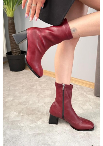 Kadın Marina Bordo Bot 7 cm Kalın Topuklu Streç Boots