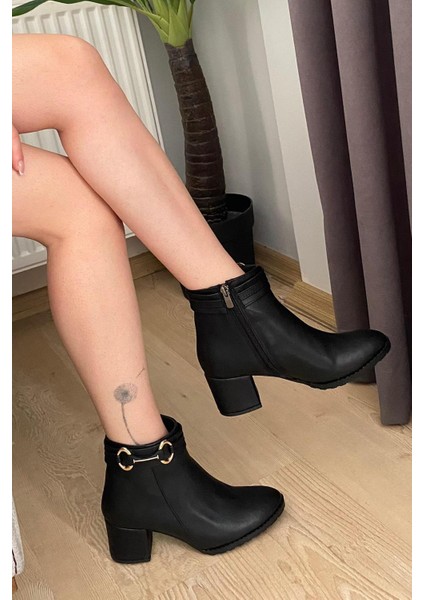 Kadın Hana Siyah Cilt Uzun Toka ( 6 cm ) Topuklu Oval Burun Bot modelleri