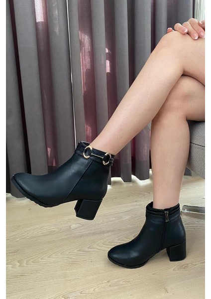 Kadın Hana Siyah Cilt Uzun Toka ( 6 cm ) Topuklu Oval Burun Bot fırsatları