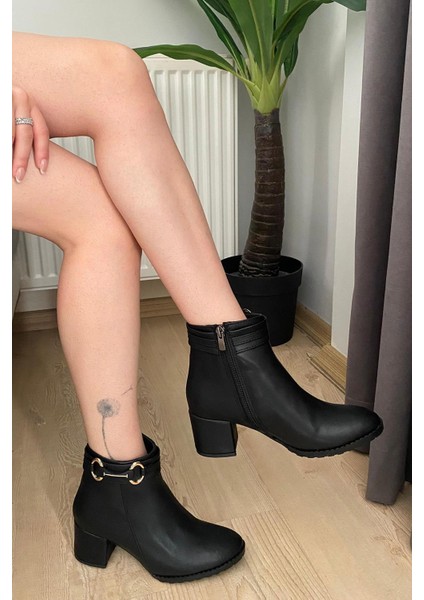 Kadın Hana Siyah Cilt Uzun Toka ( 6 cm ) Topuklu Oval Burun Bot indirimleri