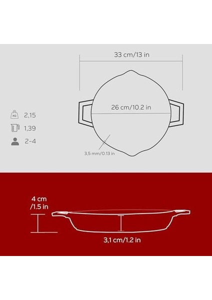Metal Döküm Kızartma Tavası, Metal Kulplu, 26 Cm, Kırmızı