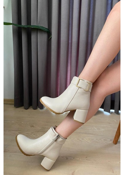 Kadın Trend Krem Cilt Tokalı ( 6 cm ) Topuklu Oval Burun Bot fiyatları