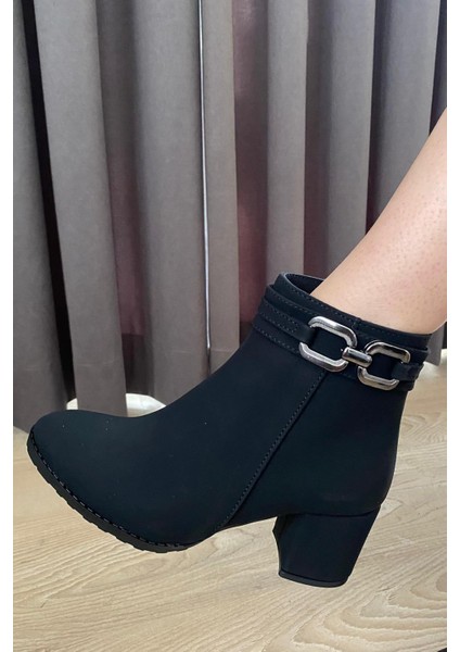 Kadın Hana Siyah Zümrüt Platin Tokalı ( 6 cm ) Topuklu Oval Burun Bot