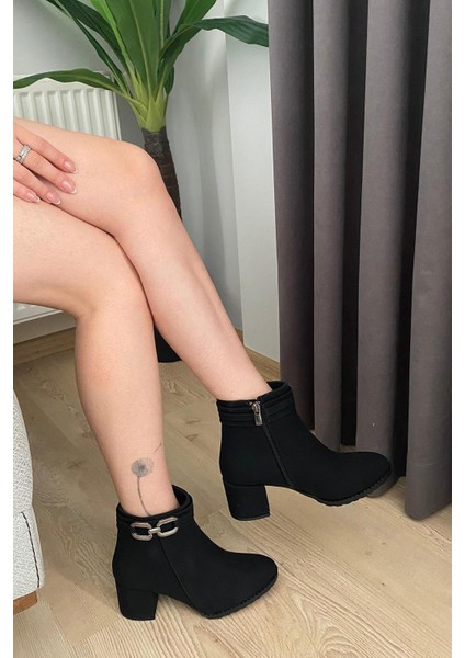 Kadın Hana Siyah Zümrüt Platin Tokalı ( 6 cm ) Topuklu Oval Burun Bot fiyatları