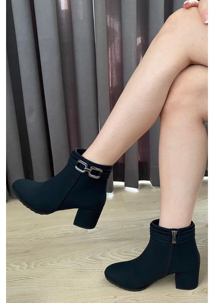 Kadın Hana Siyah Zümrüt Platin Tokalı ( 6 cm ) Topuklu Oval Burun Bot modelleri