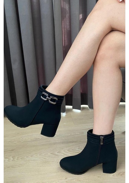 Kadın Hana Siyah Zümrüt Platin Tokalı ( 6 cm ) Topuklu Oval Burun Bot fırsatları